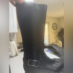 Calvin Klein Black Leather Knee-High Riding Boots with Buckle
